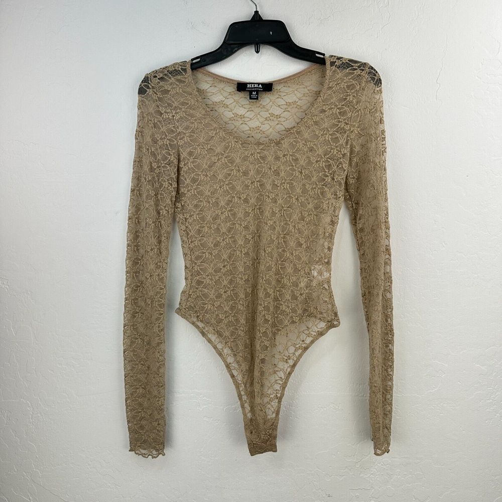Hera Collection Bodysuit‎ Thong M Tan Long Sleeve Floral Lace Stretch Lingerie